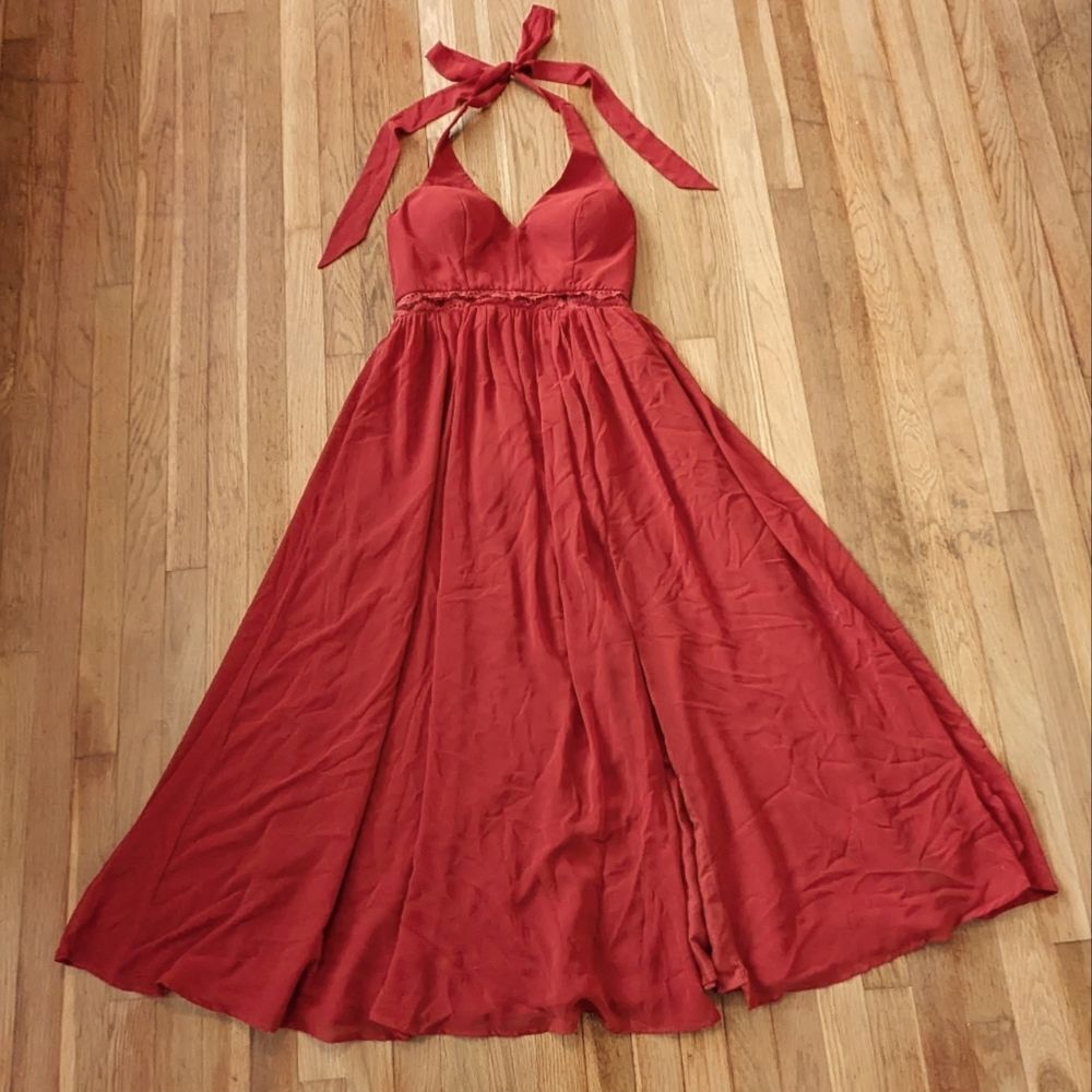 Azazie Halter Rust Bridesmaid dress with lace detail waist